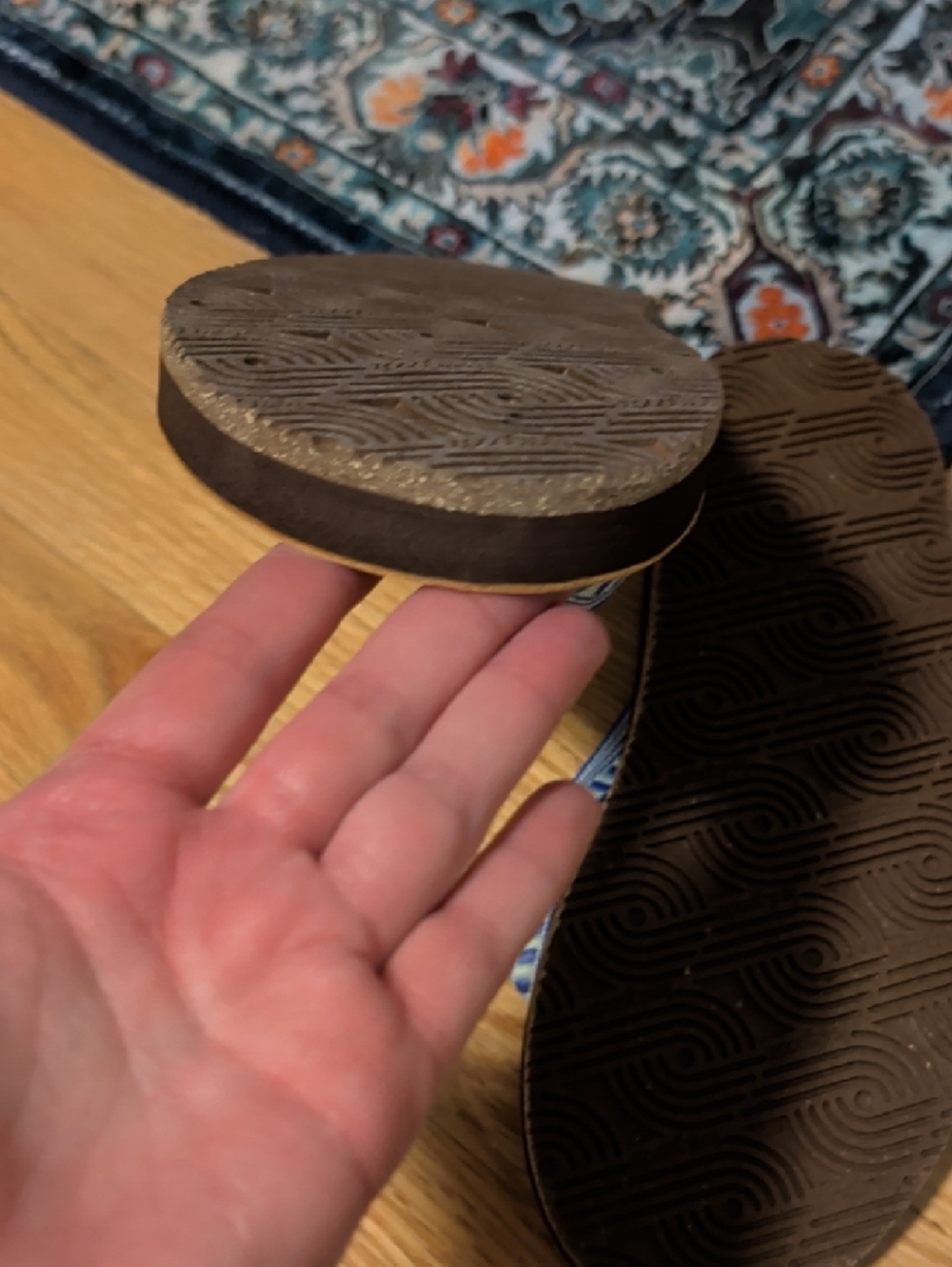 9. Feelgoodz Brown Leather Flip Flops with Blue Patterned Straps - Picture 6 of 8